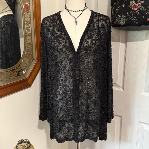 VTG 90s Black Tie by Oleg Caassini Black Beaded Silk Floral Long Sleeve Kimono L - Picture 2 of 8